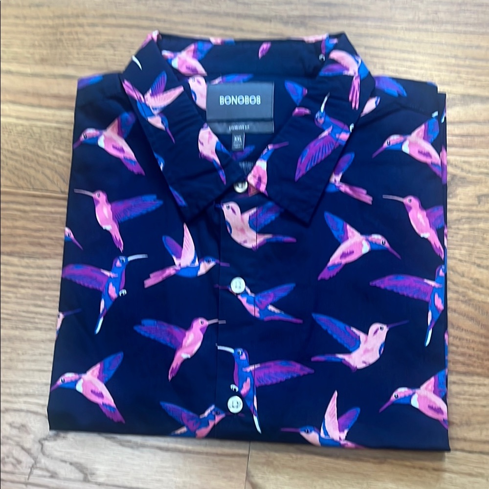 Bonobos Blue and Pink Casual Button Down Shirt with Hummingbird Print XXL